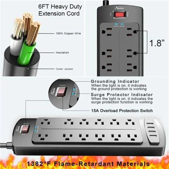 Power Strip,Surge Protector with 12 Outlets & 4 USB Ports,6 Feet Extension Cord